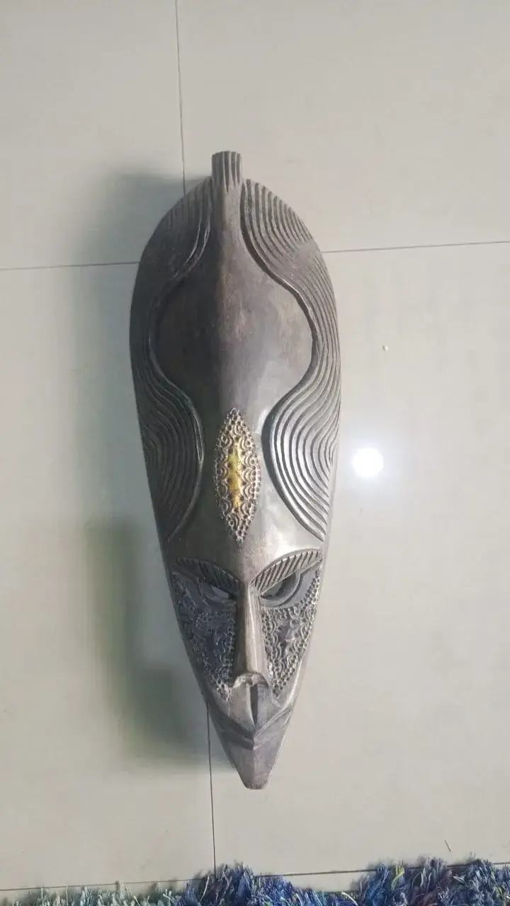 Carved Wall Mask, Metal Inlay
