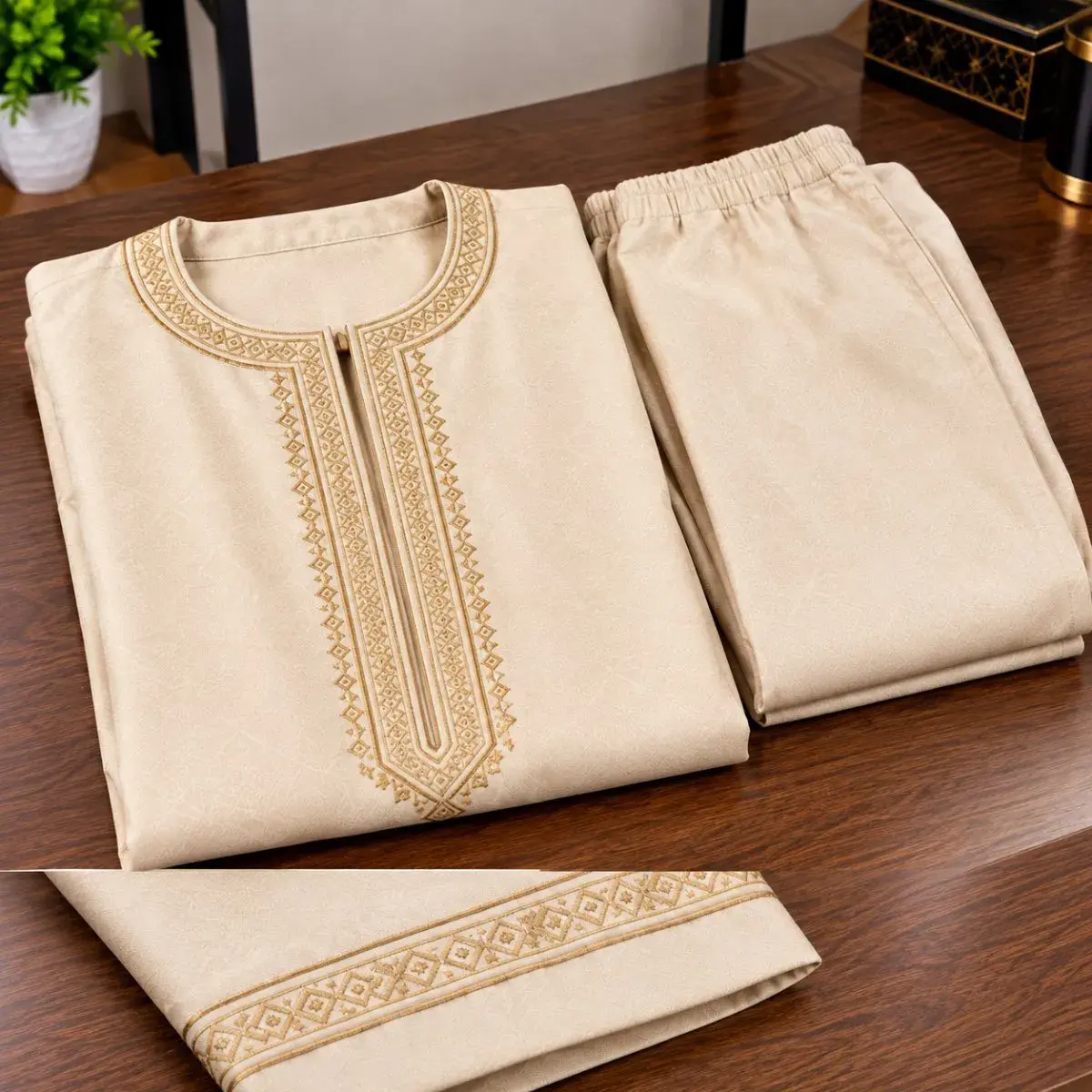 Kaftan Jalabia Set, Cream and Gold, Top and Trousers