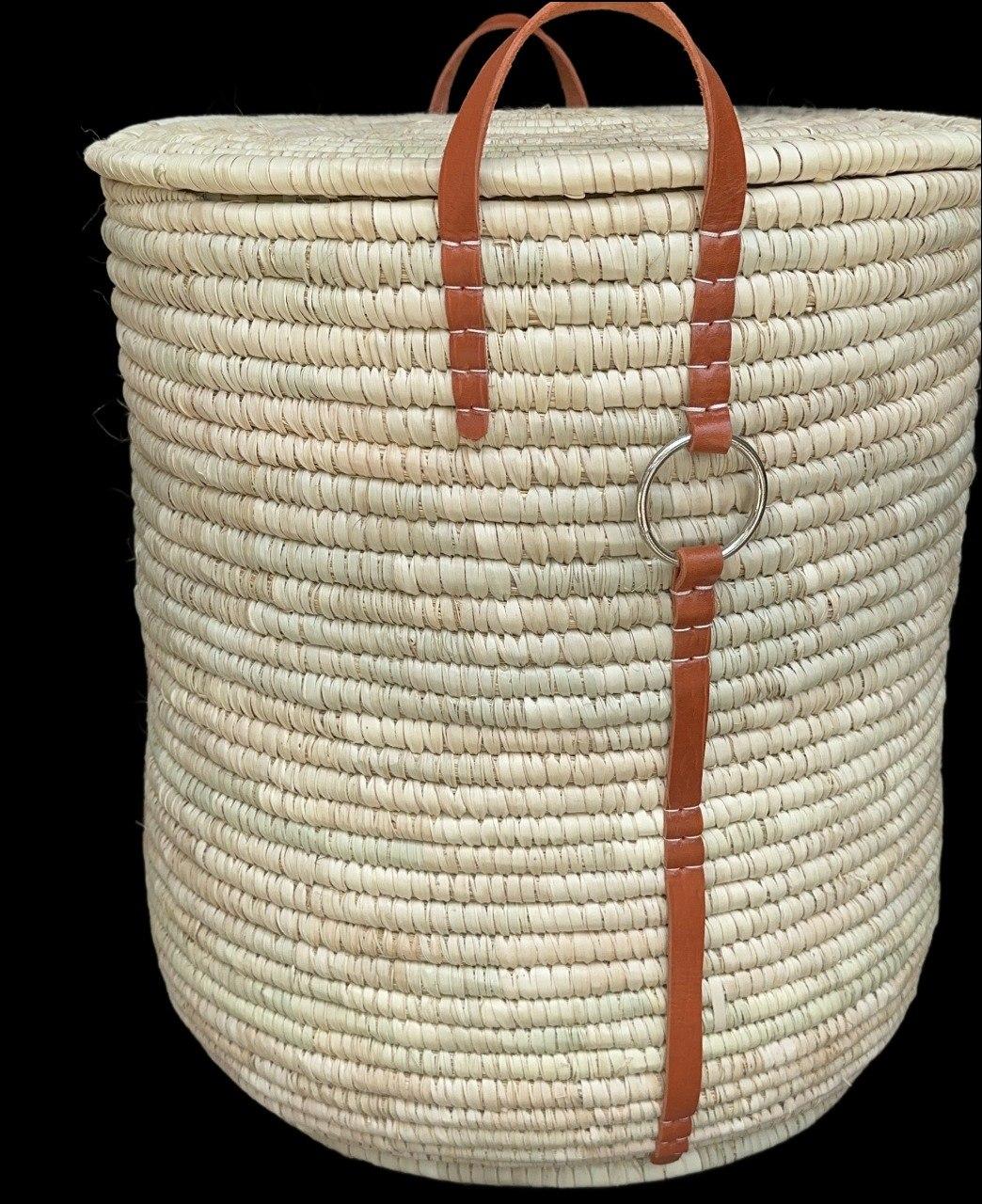 Handwoven Ethiopian Basket with Tied Leather Handles for Storage and Decor