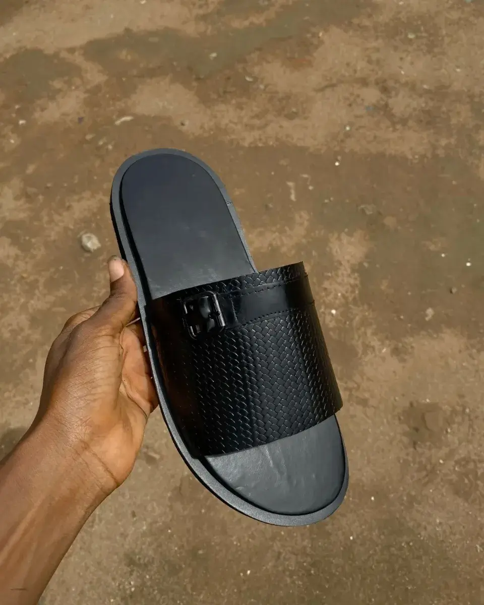 Men's Black Leather Slides, Woven Embossed Strap, Handmade