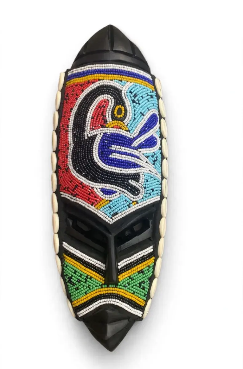Sankofa Bird Beaded Wall Mask, Blue and Red, Ghana