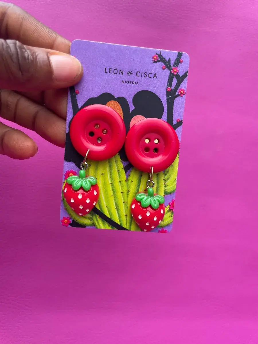 Red Button and Strawberry Drop Earrings, Handmade