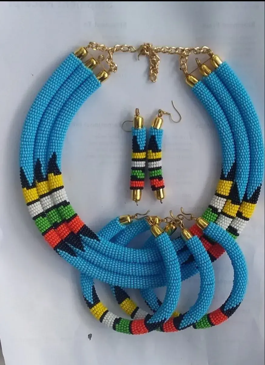 Turquoise Maasai Beaded Necklace, Bracelets & Earrings Set