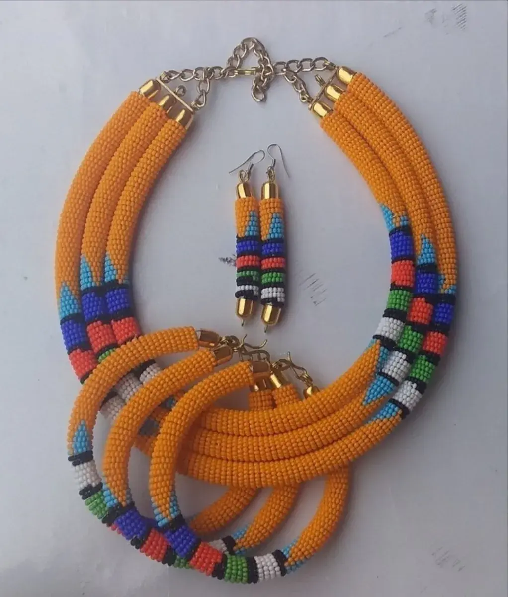 Orange Maasai Beaded Necklace, Bracelets & Earrings Set