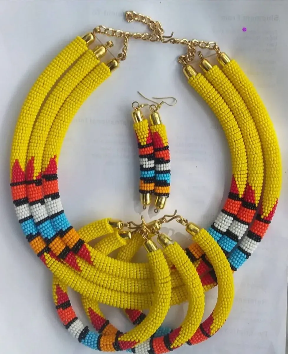 Yellow Maasai Beaded Necklace, Bracelets & Earrings Set