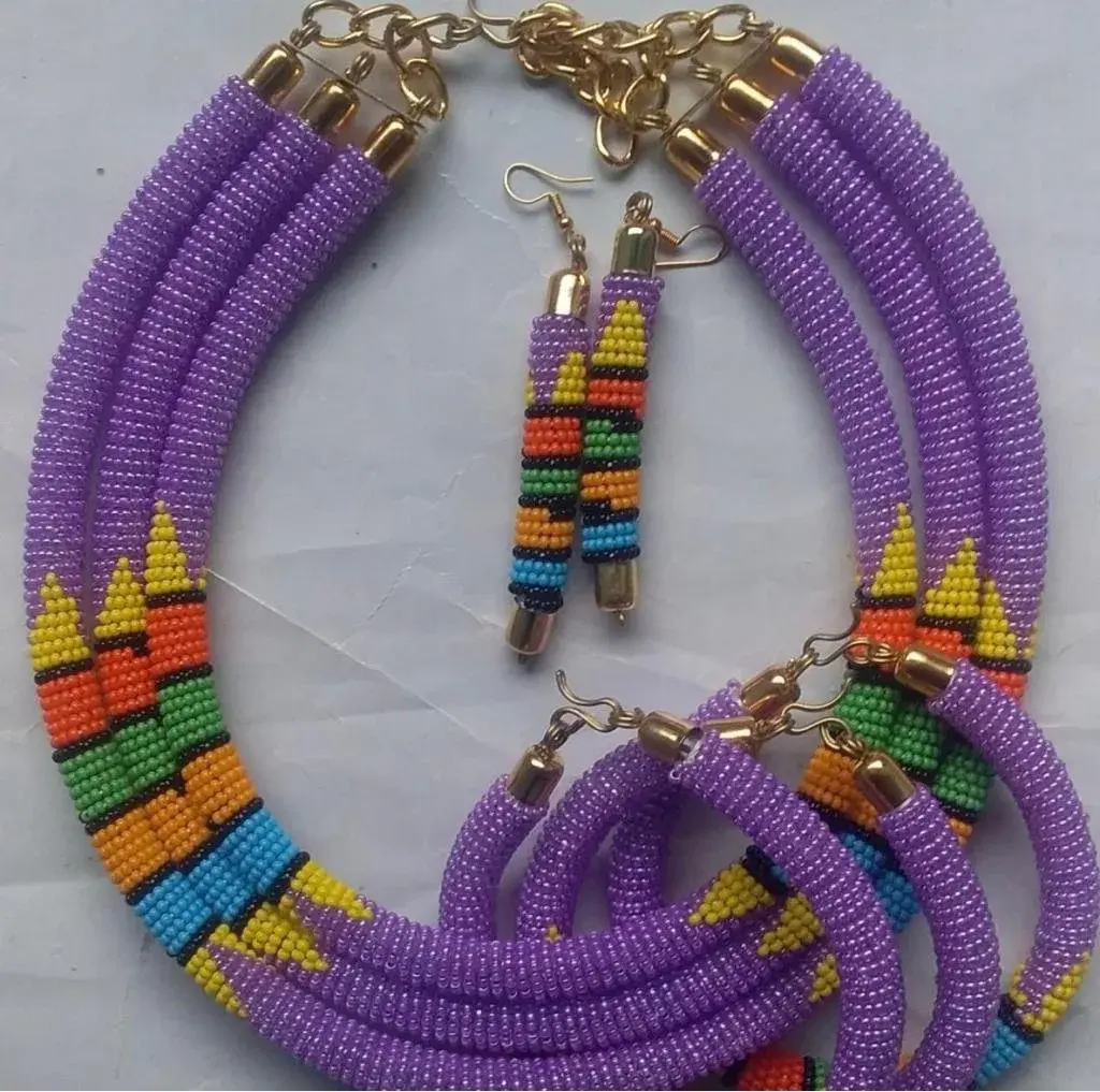 Purple Maasai Beaded Necklace, Bracelets & Earrings Set