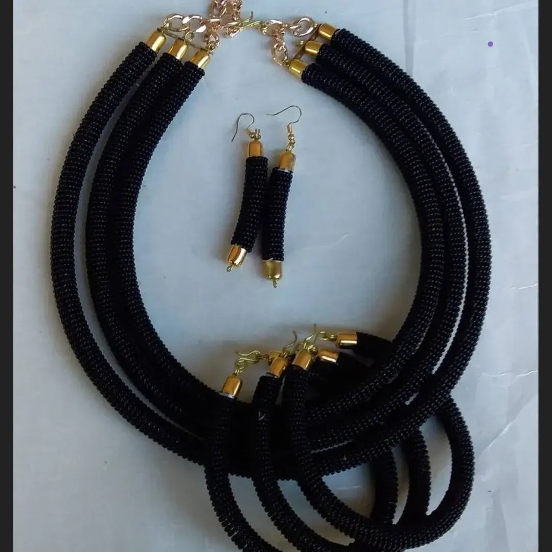 All Black Beaded Necklace, Bracelets & Earrings Set