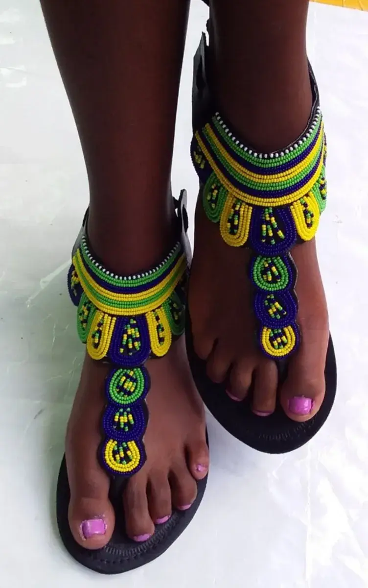 Beaded Gladiator Sandals, Green and Yellow, Handmade Leather