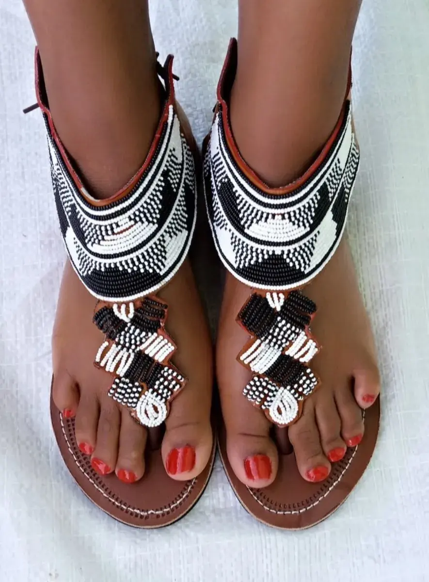 Beaded Gladiator Sandals, Black and White, Handmade Leather