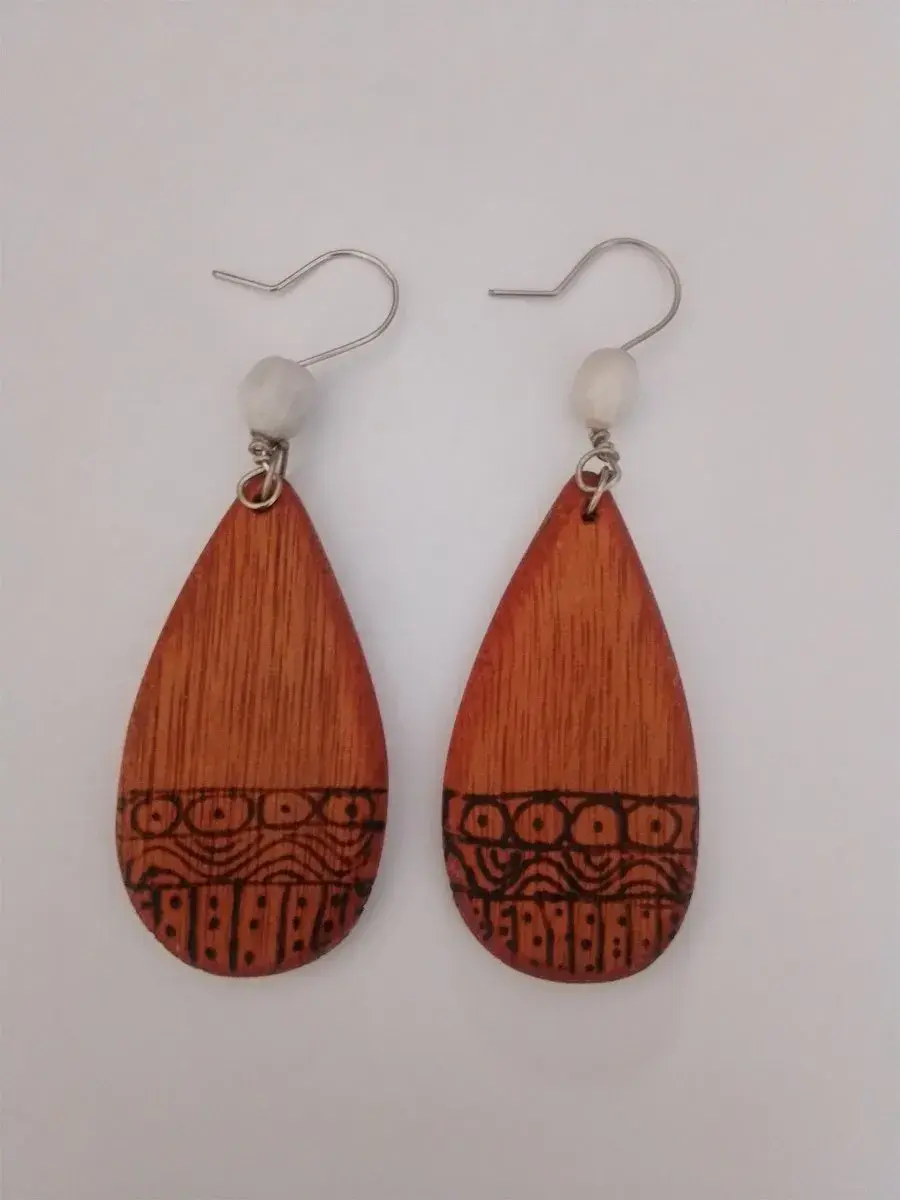 Teardrop Wooden Earrings, Hand Drawn African Pattern