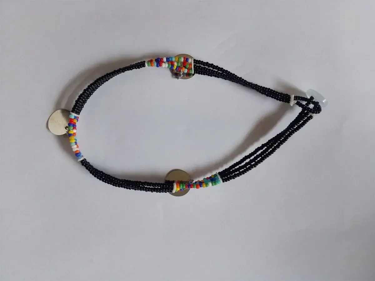 Black Beaded Anklet with Metal Discs, Handmade in Kenya