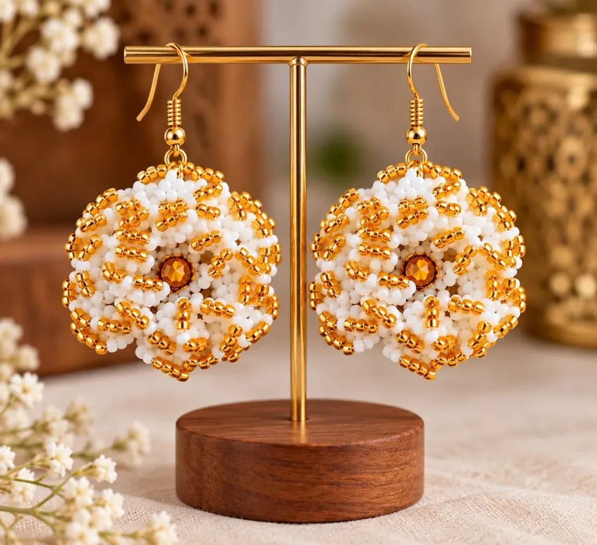 Neema Beaded Flower Earrings, White and Gold, Handmade