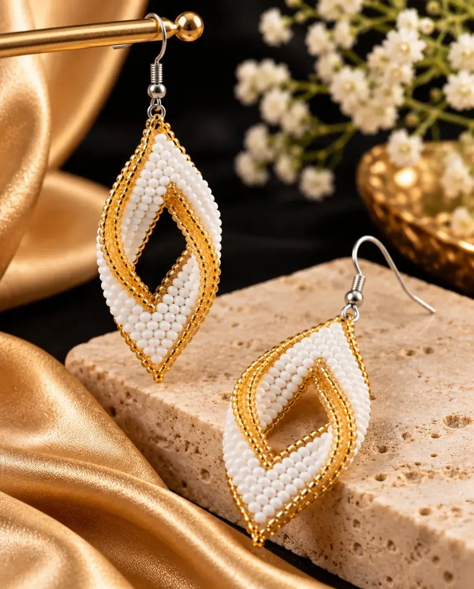 Zuri Beaded Drop Earrings, White and Gold, Handmade