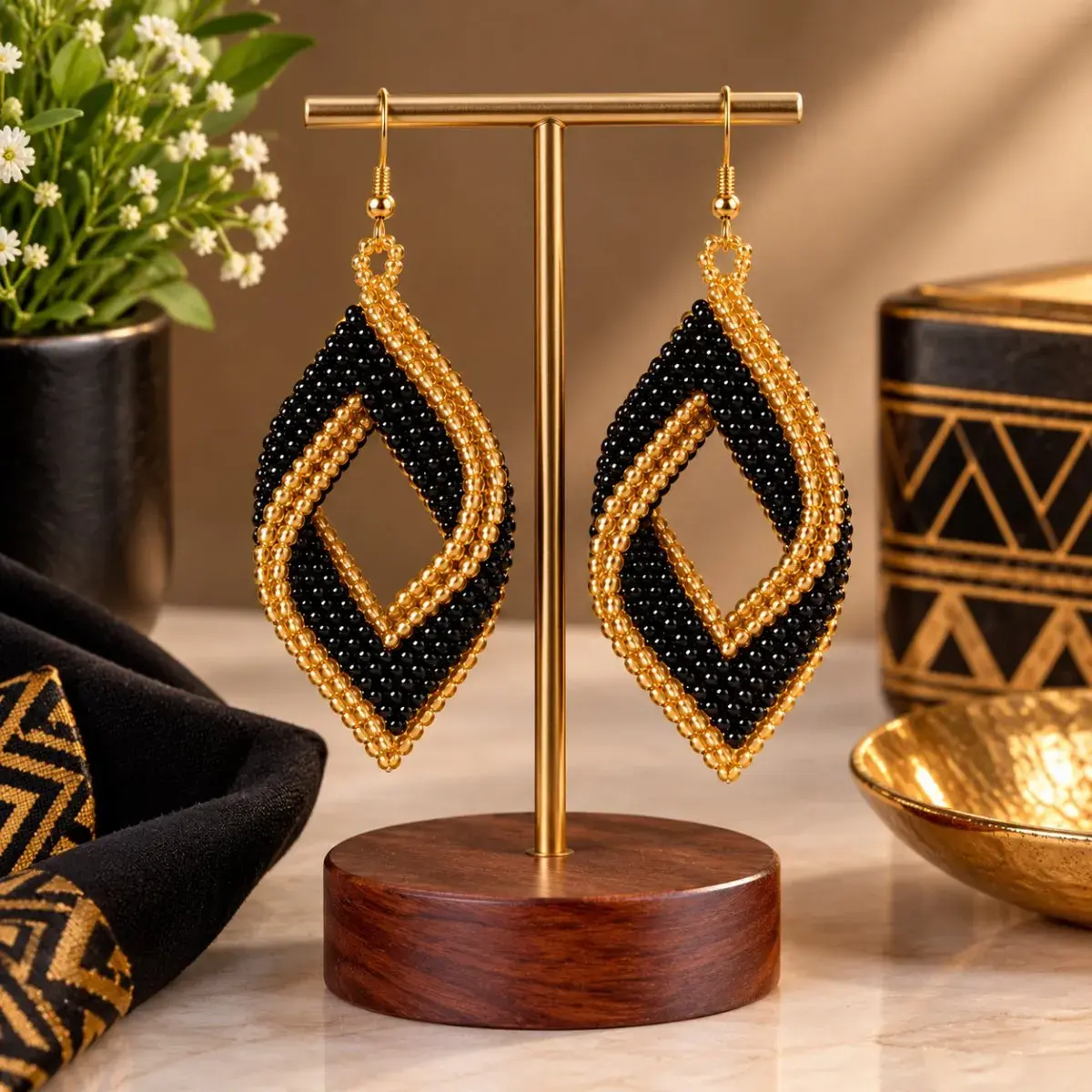 Zuri Beaded Drop Earrings, Black and Gold, Handmade