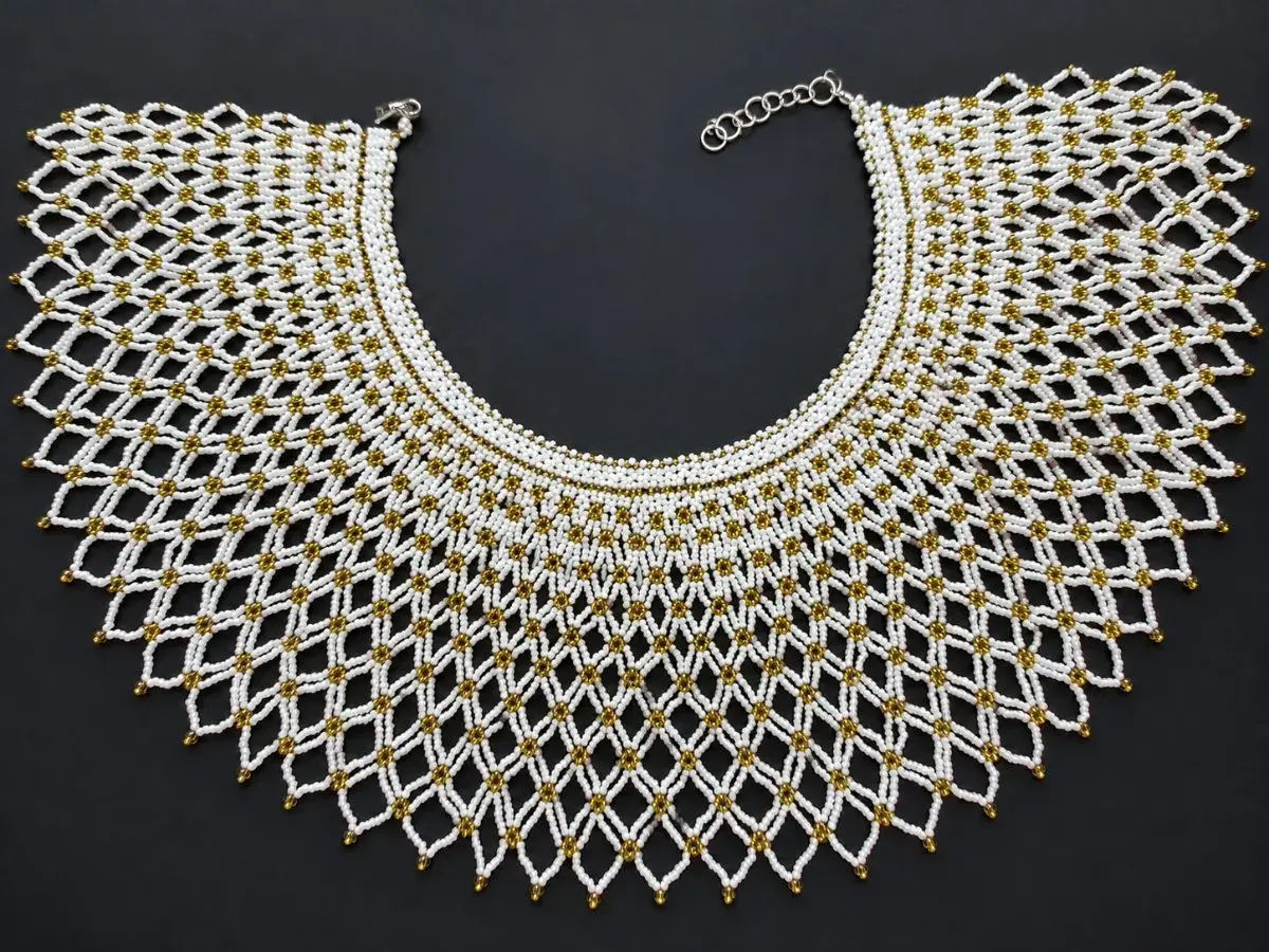 Beaded Collar Necklace, White and Gold, Handmade Kenya