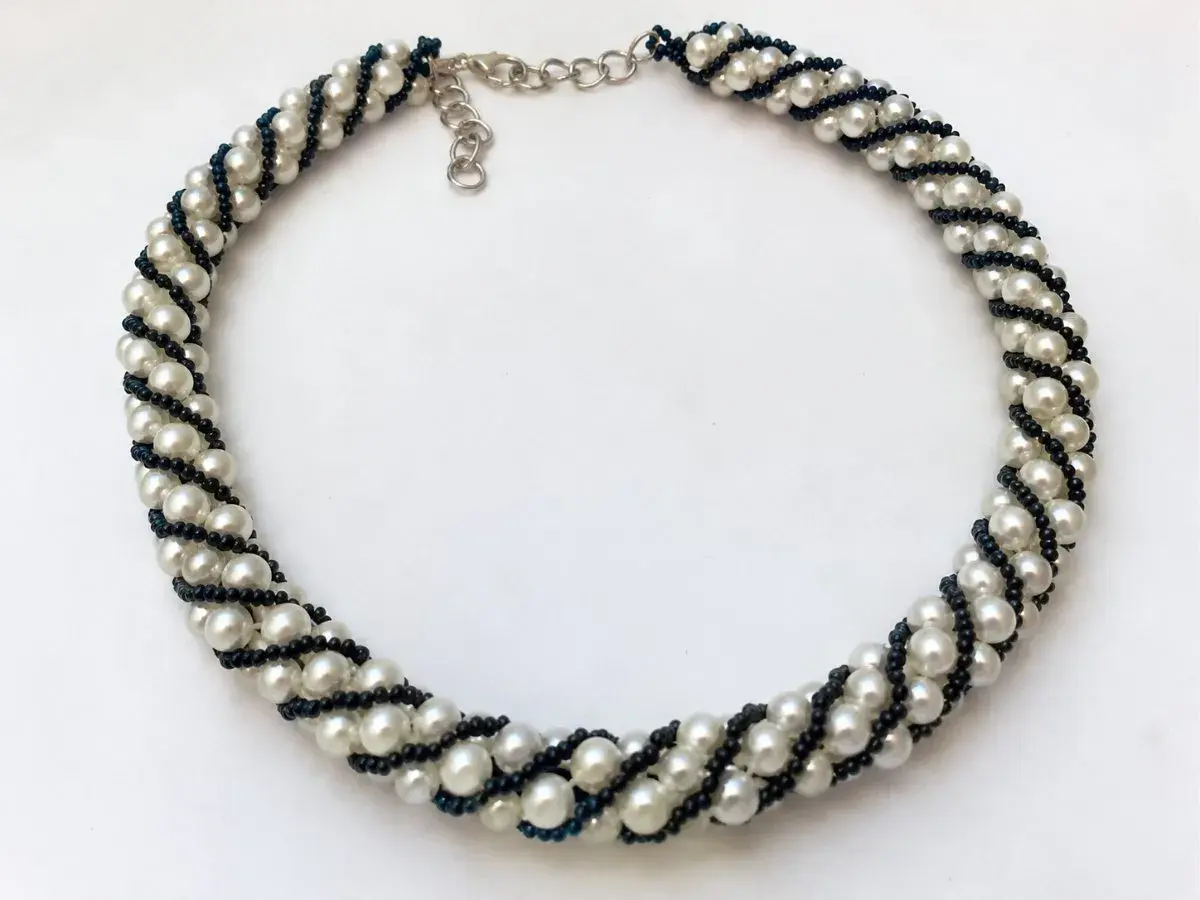 Pearl Twist Necklace, Black and White, Handmade Kenya