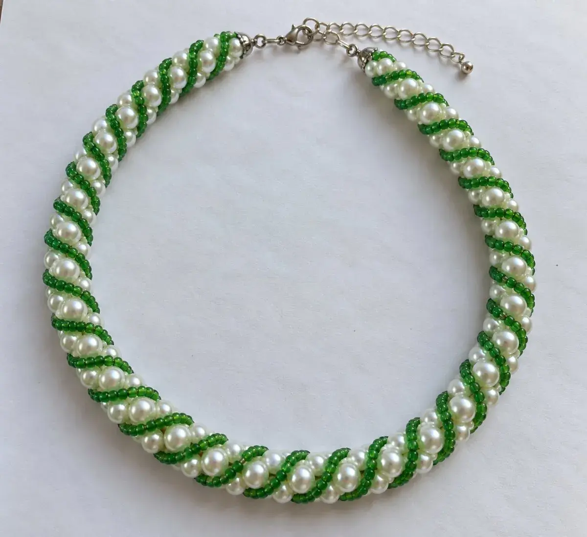 Pearl Twist Necklace, Green and White, Handmade Kenya