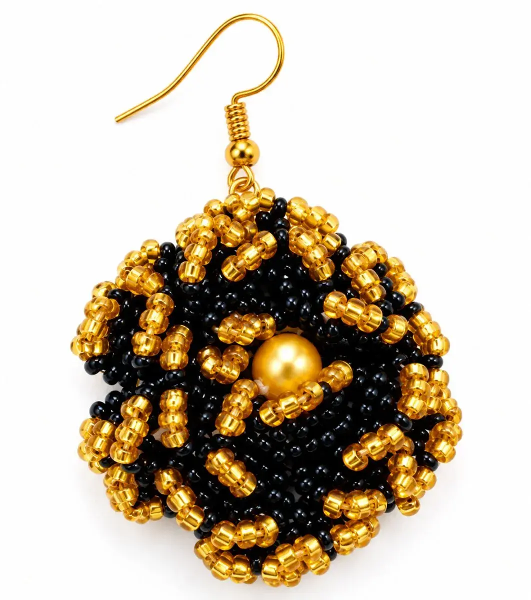 Dhahabu Beaded Flower Earrings, Black and Gold, Handmade