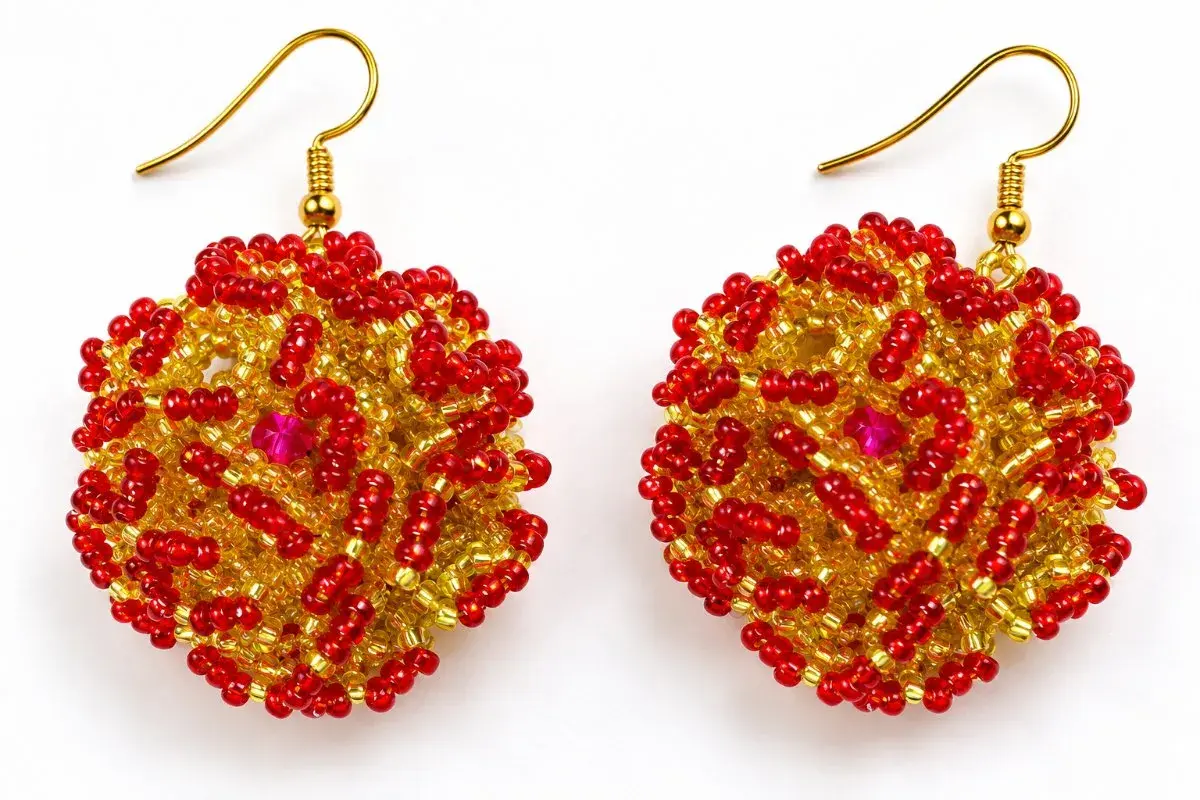 Moto Beaded Flower Earrings, Red and Gold, Handmade