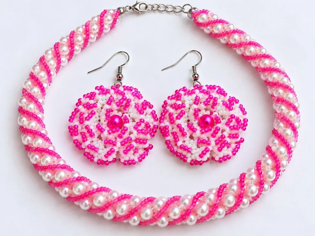 Waridi Necklace and Earring Set, Pink and White, Kenya