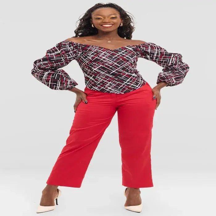 Ruby Lattice Two Piece Set, Off Shoulder Top and Trousers
