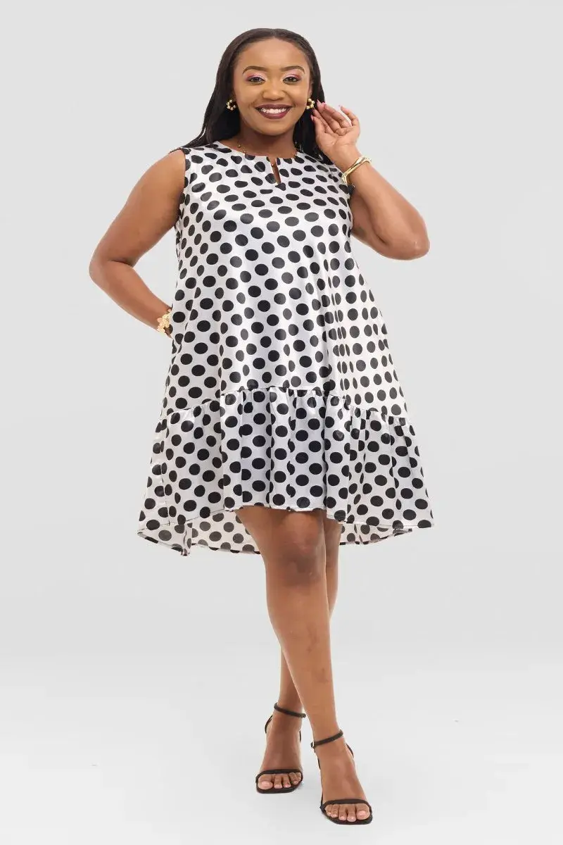 Noir Dot Satin Flounce Dress, Black and White Polka Dot