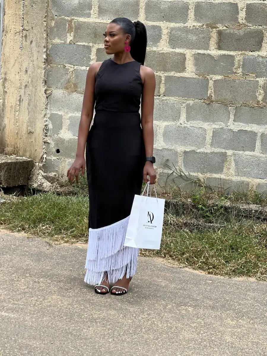 Black Fringe Racer Neck Maxi Dress