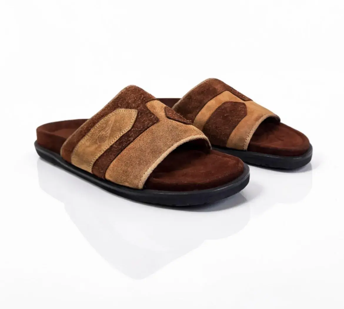 Two Tone Suede Leather Slides, Brown and Tan, Handmade