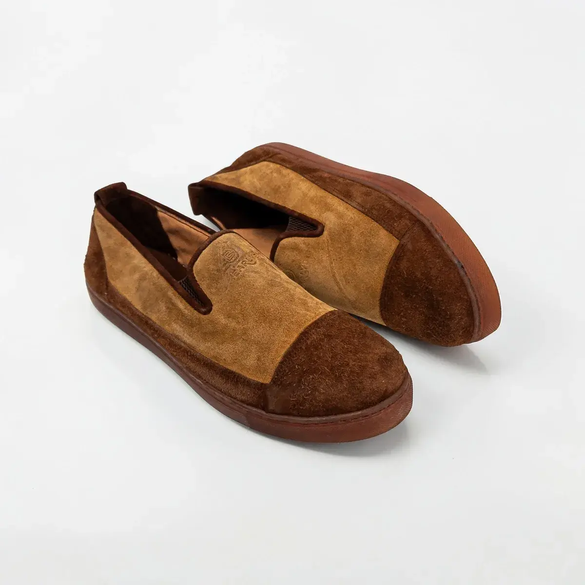 Two Tone Suede Slip On Shoes, Brown and Tan, Handmade