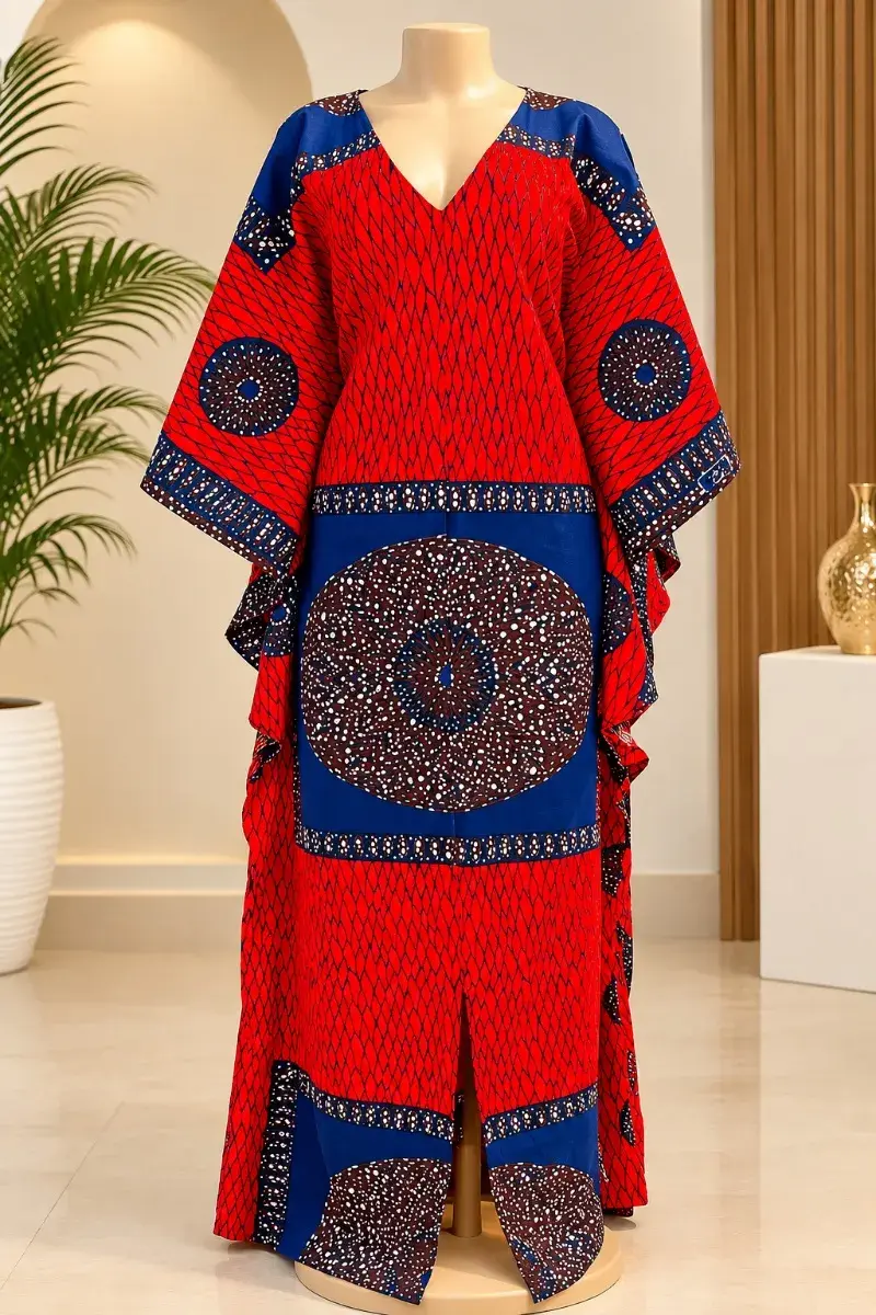 Red & Navy Butterfly Bubu - NAISH African Print Maxi Gown