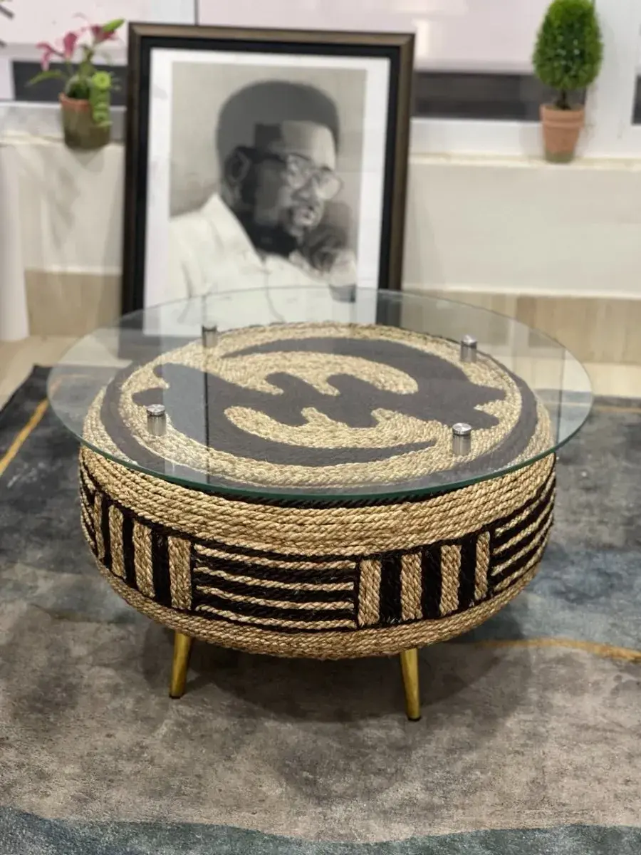 Gye Nyame Adinkra Raffia Coffee Table, Glass Top