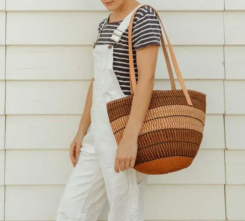 Handwoven Sisal Kiondo Tote Bag, Leather Handles, 32cm
