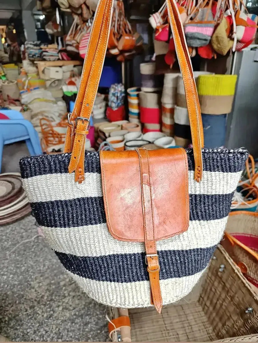 Sisal Kiondo Tote, Navy and Cream Stripe, Leather Flap
