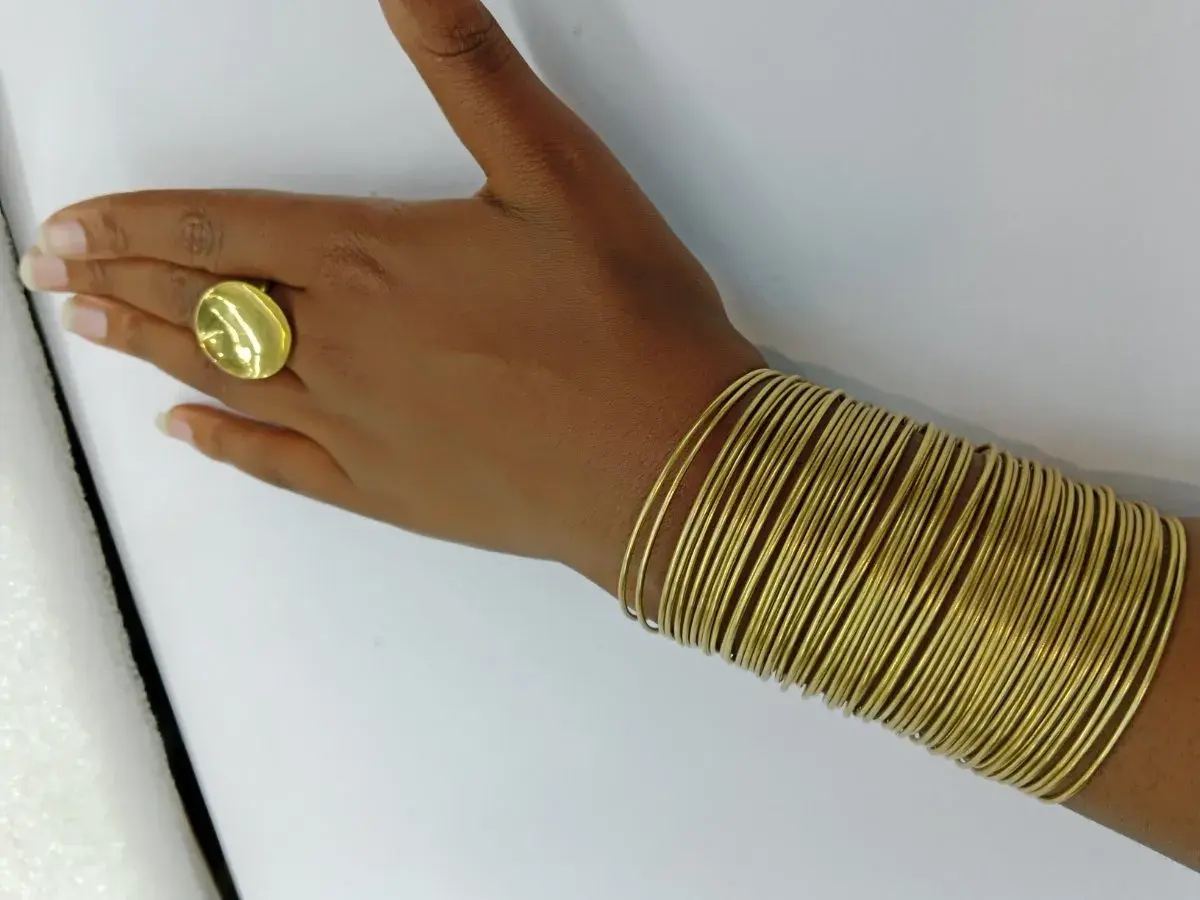 Brass Multi Wire Stacked Cuff Bracelet with Ring