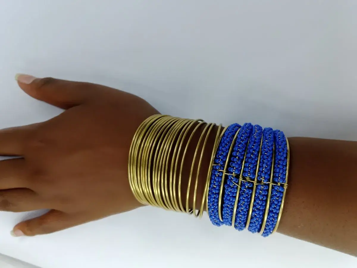 Royal Blue Beaded and Brass Multi Wire Cuff Set