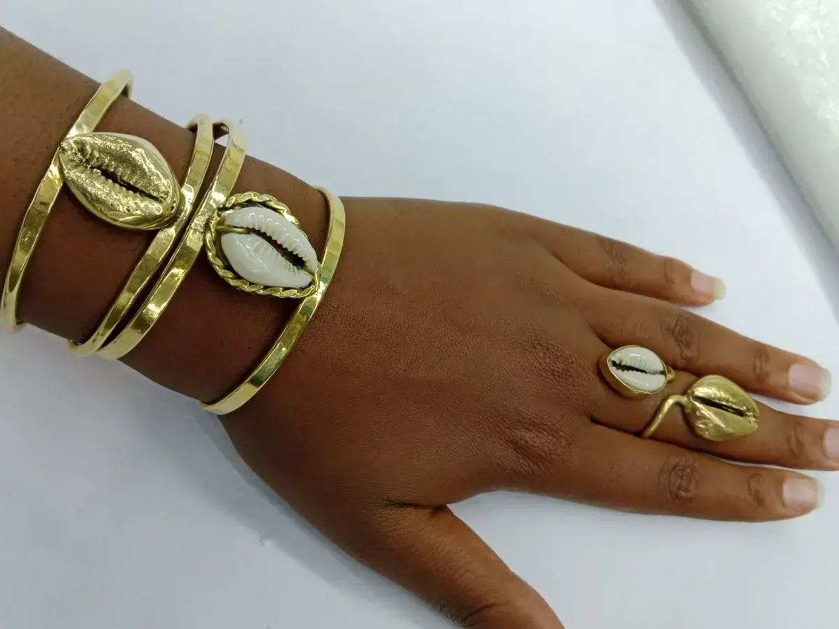 Kenyan Cowrie Shell Brass Cuff and Bypass Ring Set