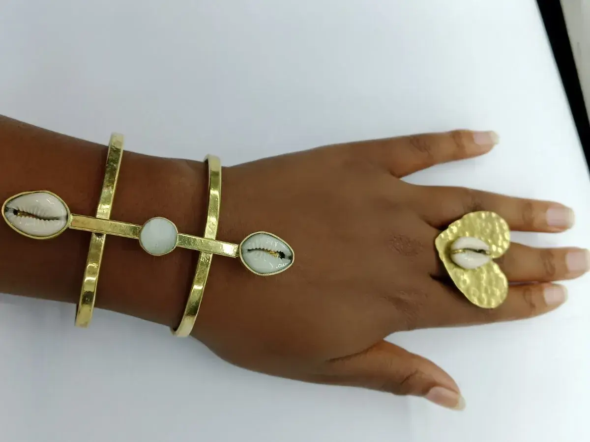 Kenyan Brass Cowrie Cuff and Heart Ring Set, Handmade