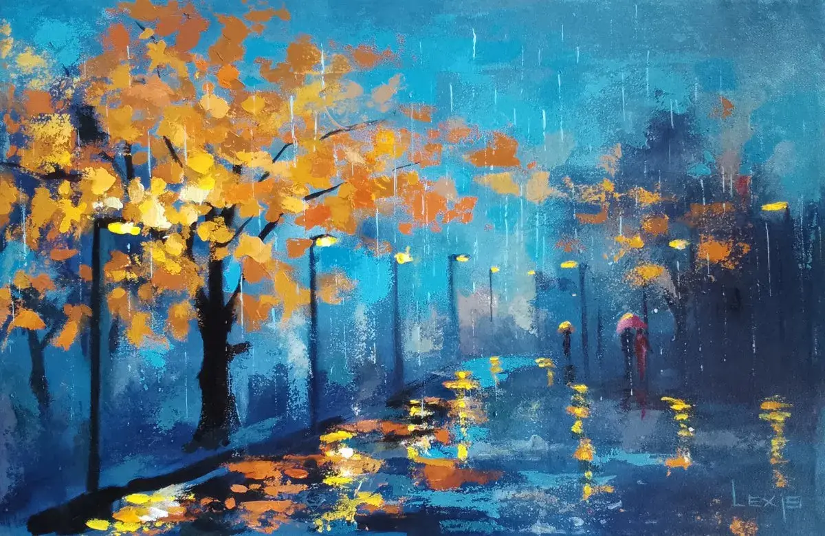 Evening Reflections, Rainy Street Painting