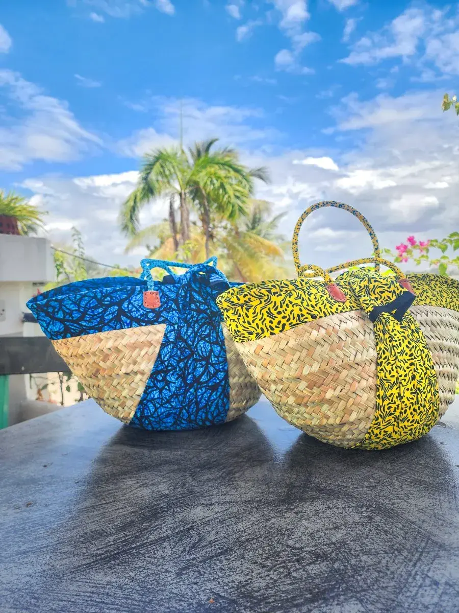 Zanzibar Kapu Woven Palm Basket Bag, Kitenge or Kikoi